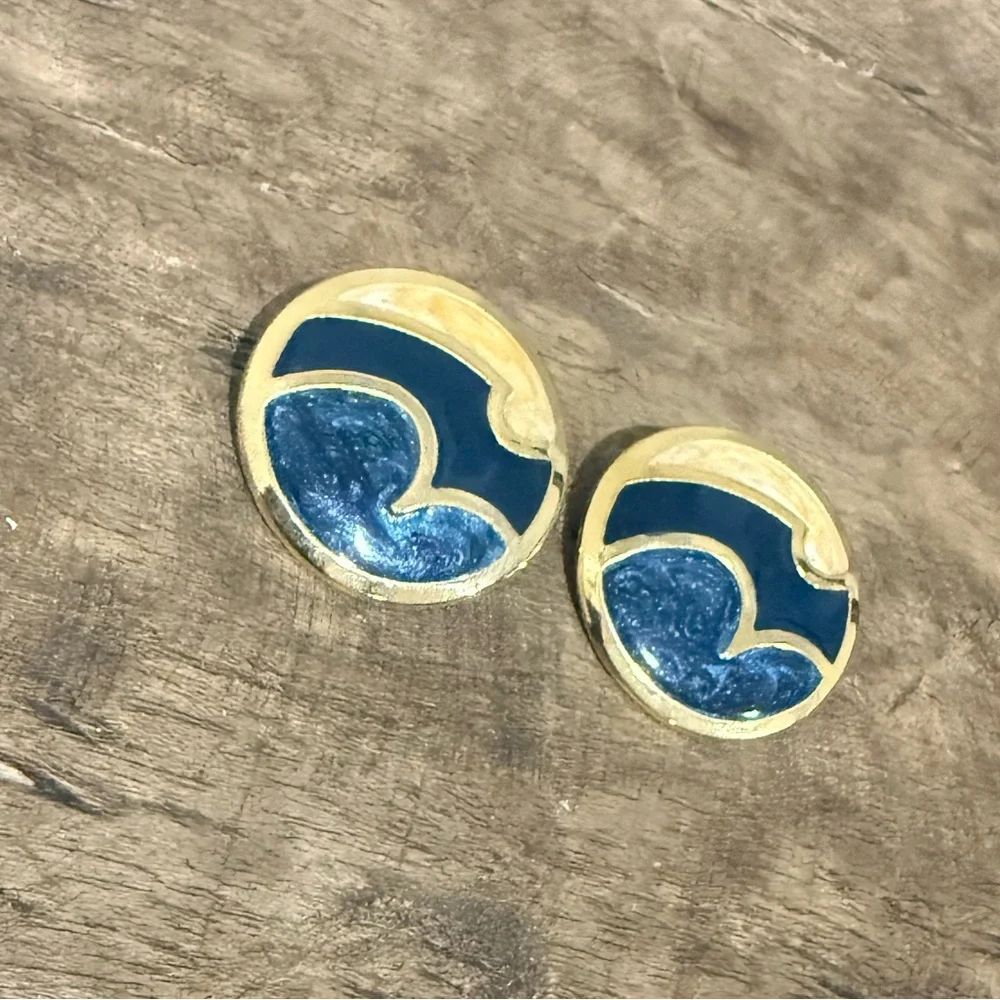 Vintage Large Enamel Circle Earrings - Blue and Champagne Color